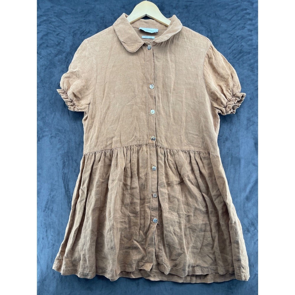 Zara Woman 100% Linen Short Sleeve Button Down Babydoll Dress Tan Large